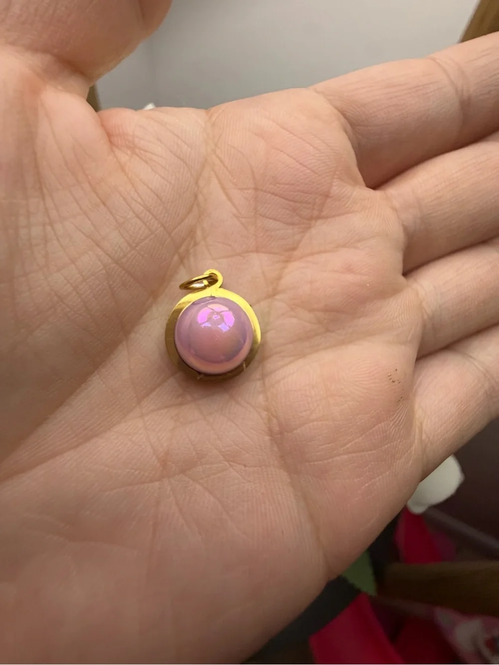 Gold Pendant Necklace Charm with Pink Iridescent Cabochon
